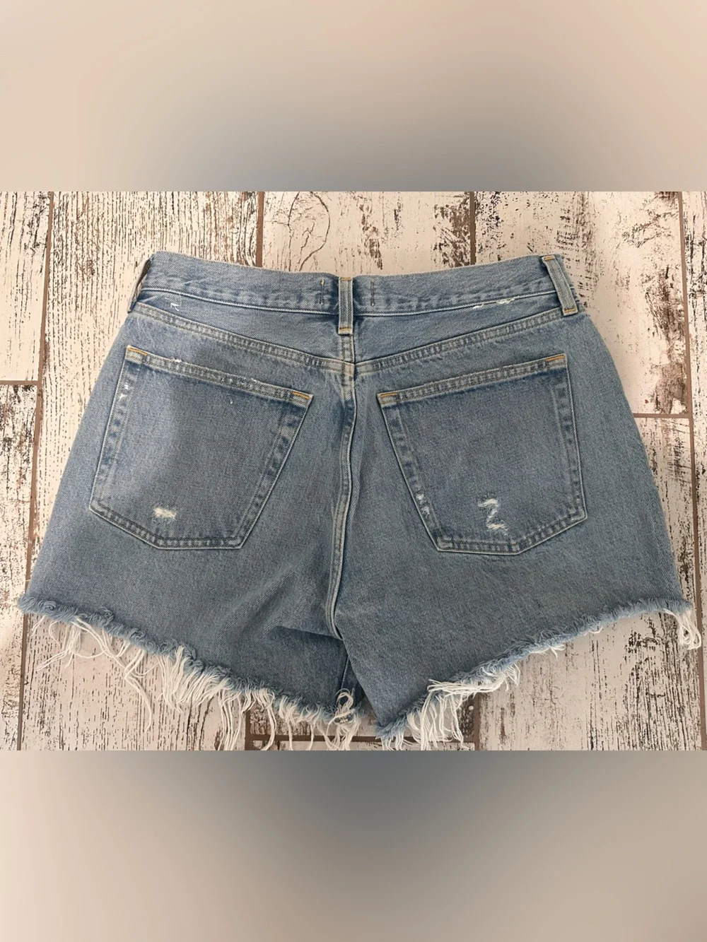 Agolde Parker Long, Light Blue Frayed Hem Distressed Denim Short